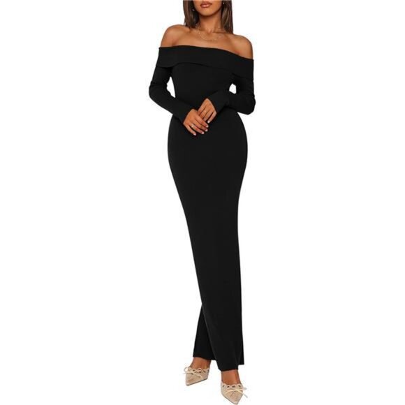 Women's Sweater Dress Long Sleeve Off Shoulder Black - Picture 1 of 6